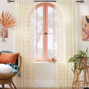 NWT Opalhouse Cream Macrame Zig Zag Fringe Sheer Curtain Panel Boho - Size 50x84